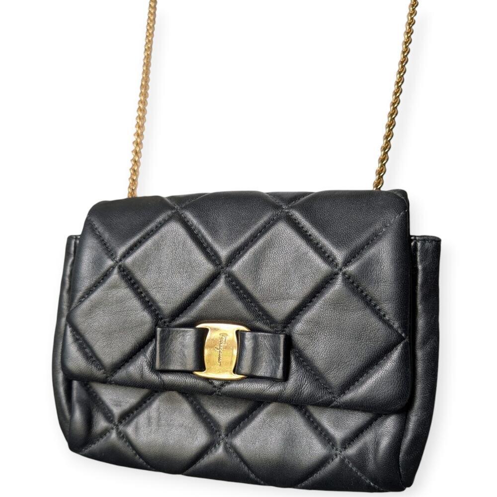 Salvatore Ferragamo Black Nappa Leather Quilted Ginny Crossbody Bag Small Chain